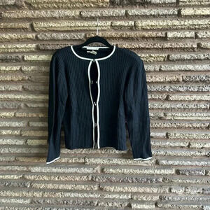 Doncaster Navy Blue White Trim Silk Blend Ribbed Knit Cardigan Sweater